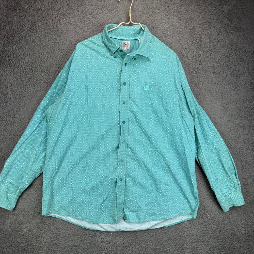 Cinch Mens XL Button Down Shirt Teal Green Geometric Print Long Sleeve Cotton